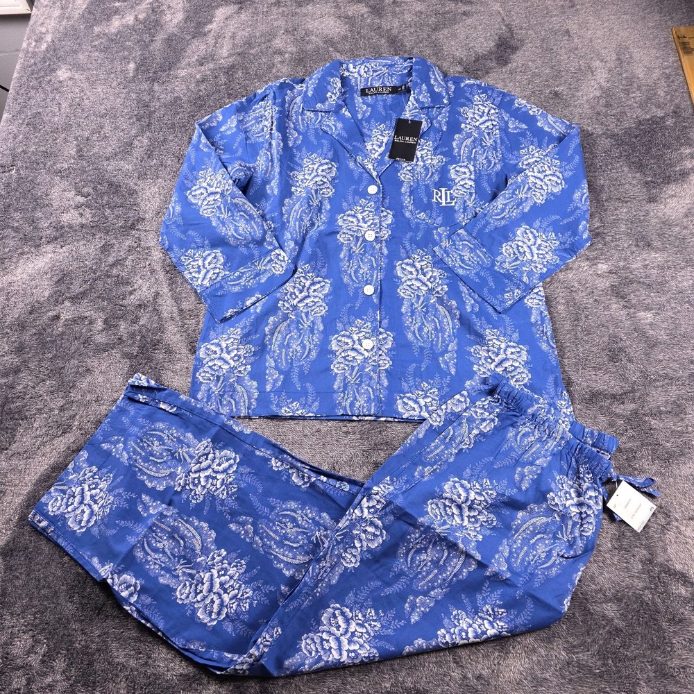 Ralph Lauren Blue Floral Shirt & Pant Sleep Set Womens Petite Small Pajama Set